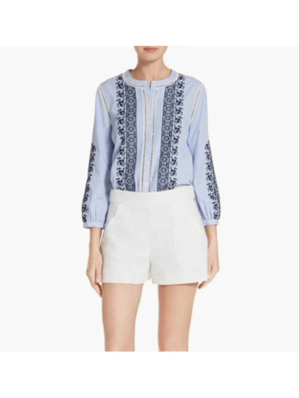 Veronica Beard Claire Embroidered Stripe Cotton Top Peasant Eyelet XS 2